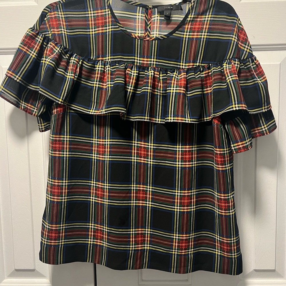 J. Crew Navy Plaid Ruffle Blouse